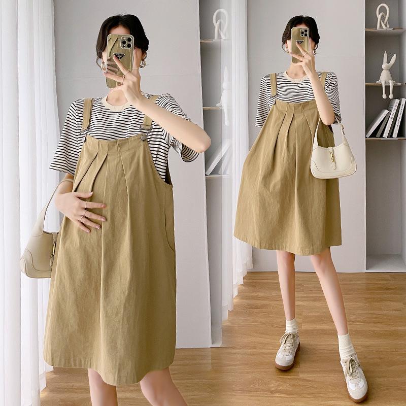 Korean Style Striped T-shirt & Khaki Skirt Maternity Set L