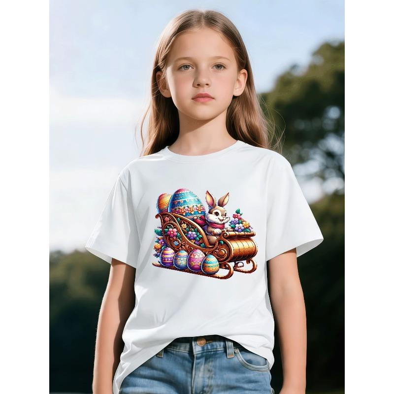 Europäische Größen Süßes Osterhasen-Ei T-Shirt | Perfekt für Mädchen und Jungen, Lebendige Farben mit großohriger Häsin und Blumenmuster