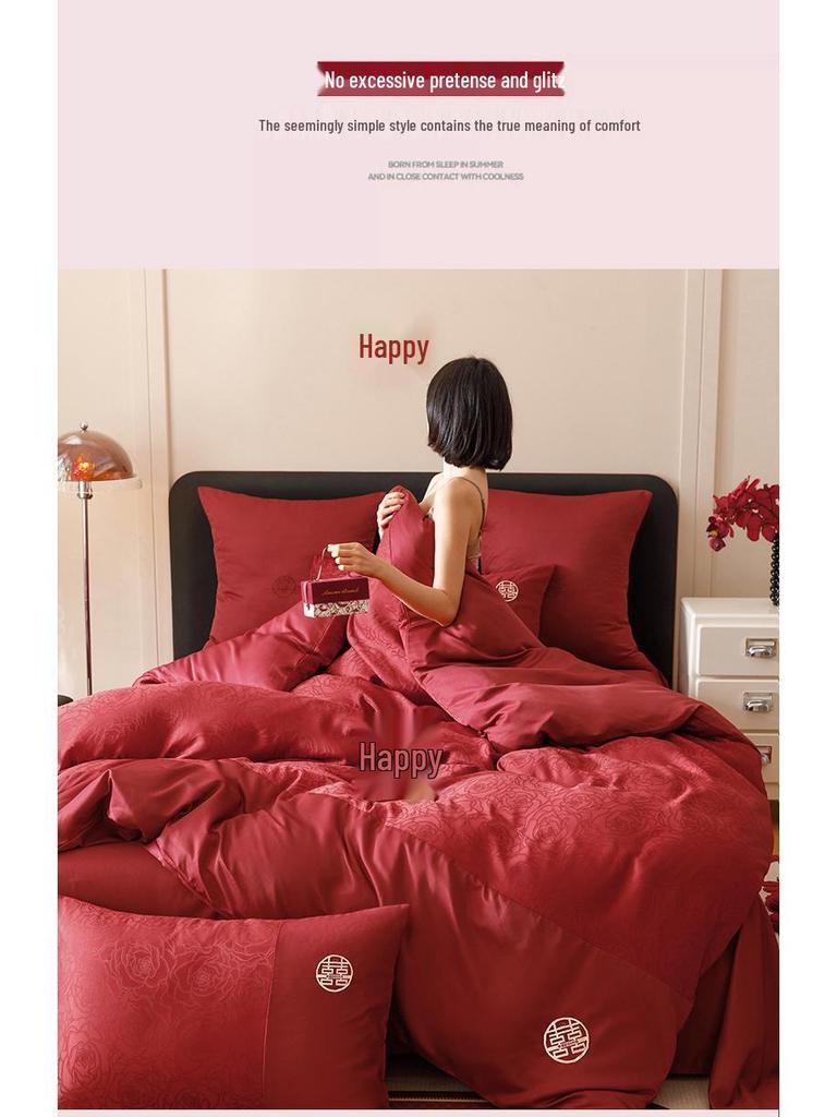 Rotes chinesisches Hochzeitsbettwäsche-Set: Braut-Bettbezug, Spannbettlaken und Happy Quilt für die Aussteuer