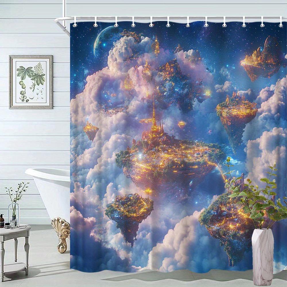 

1pc Fantasy Floating City in Clouds Shower Curtain Enchanting Landscape Bathtub Partition Hanging Fabric Includes 12 Hooks W90xH180cm