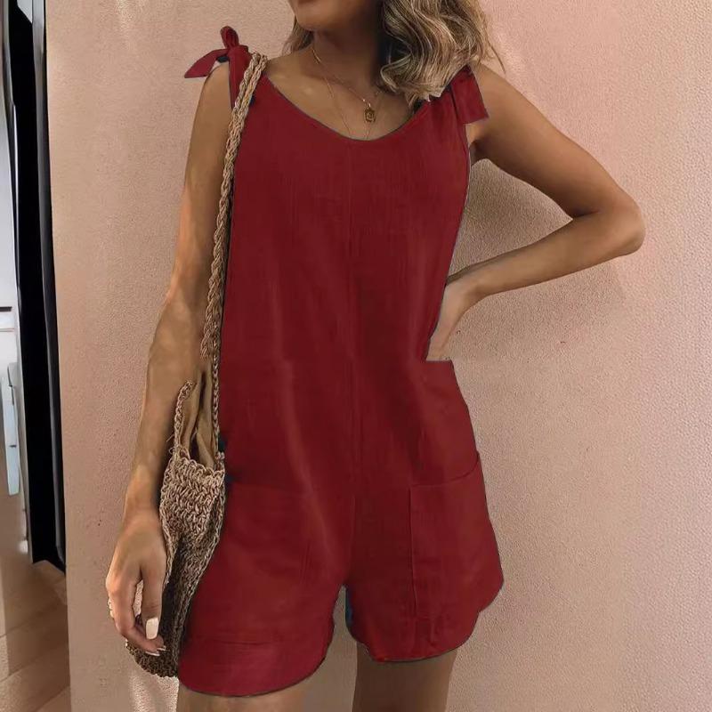 Women's Overalls with Bamboo Sections, Cotton and Linen Pockets, Sleeveless Loose Jumpsuit