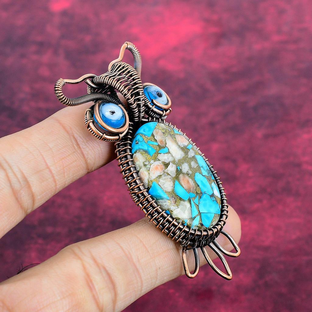 Pink Opal Copper Turquoise Pendant Blue Evil Eye Pendant Copper Wire Wrapped Owl Jewelry
