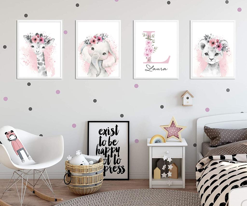 Benutzerdefiniertes Babynamen-Poster, personalisierbares Kinderzimmer, Wandkunst, Leinwandgemälde, Druck, rosa Blumentiere, Wandbilder für Mädchenschlafzimmer