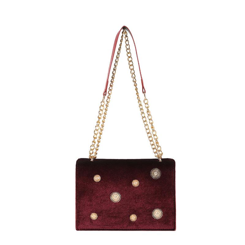 Women's Dark Green Velvet Crossbody Bag, Sunburst Stud Square Shoulder Bag with Gold Chain Strap