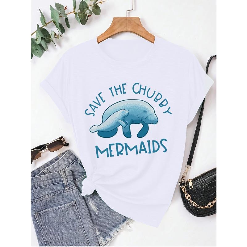 Women Save The Chubby Mermaids Print T-Shirt Casual Basic Top 4XL белый