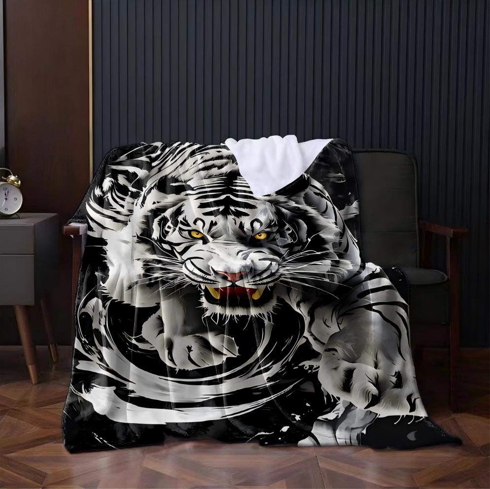 1PC White Tiger Arts Power Animals Blanket Flannel Thin Blankets for Home Office Travel Camping Perfect Gifts Four Season Use