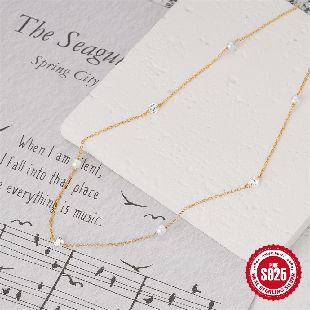 S925 Sterling Silver Wind Pearl Niche Design Diamond-Encrusted Collarbone Chain For Women, Not Picky For Daily Wear