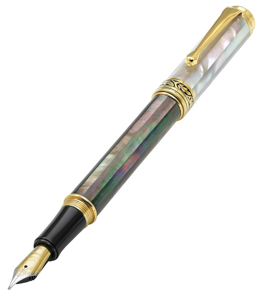 Xezo Maestro Fountain Medium Marine Tahitian Black White 18kt No Two Pens Are Pen, Nib, Iridescent, Origin, & Mother-of-Pearl, Gold-Plated Fittings.