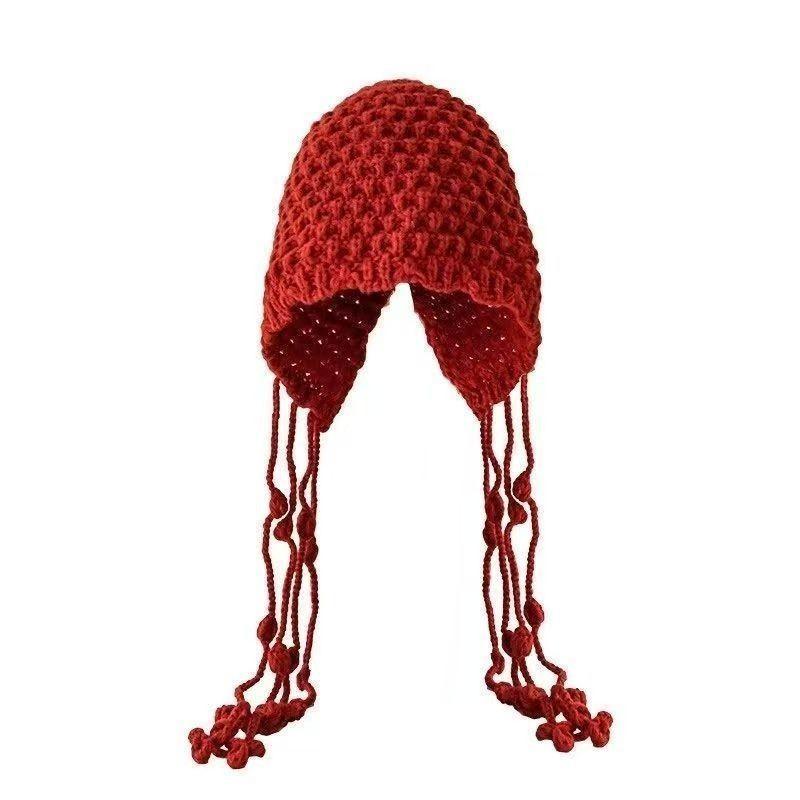 Fashion West Sichuan Travel Red Hollow Knitted Baotou Hat Female Face Small Fringed Wool Hat Cover Cold Hat Female