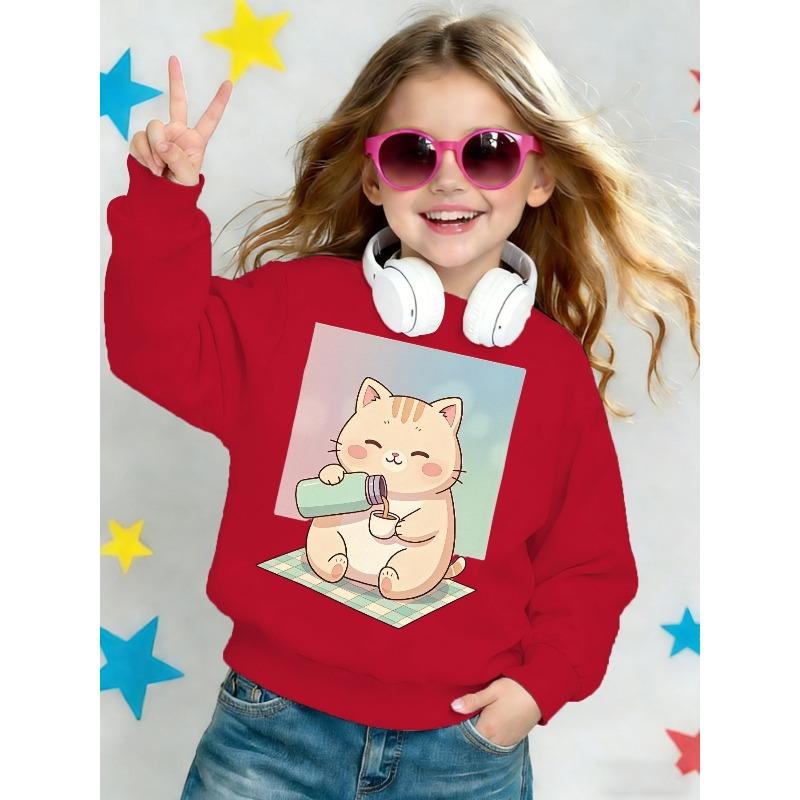 Kids Loose Crewneck Sweatshirt, Cute Cartoon Cat Print Trendy All-Match Long Sleeve Top for Spring Autumn