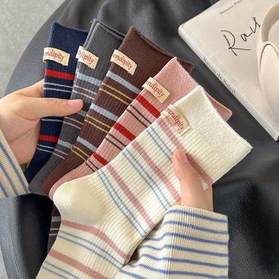 Color Matching Striped Cloth Label Socks College Sub-Casual Medium Tube Socks Cloth Label Versatile Stacking Socks Sports Stockings
