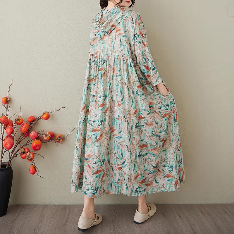 DIMANAF 2025 Sommer Damen Übergröße Langes Kleid Kapuzenpullover Plissee Floral Basic Lässig Locker Vintage Kleid Maxi
