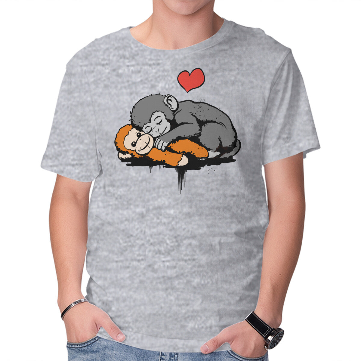 Unisex Crew Neck T-Shirt Monkey Hug Graphic Short Sleeve Casual Tee XXL