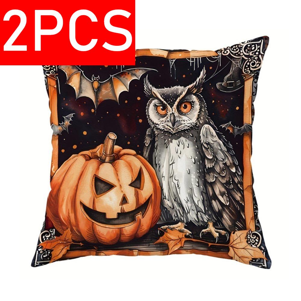 2PCS Halloween Best-Seller Pillow Cover - 45x45cm Polyester, Hand-Wash, Cat/Pumpkin Print