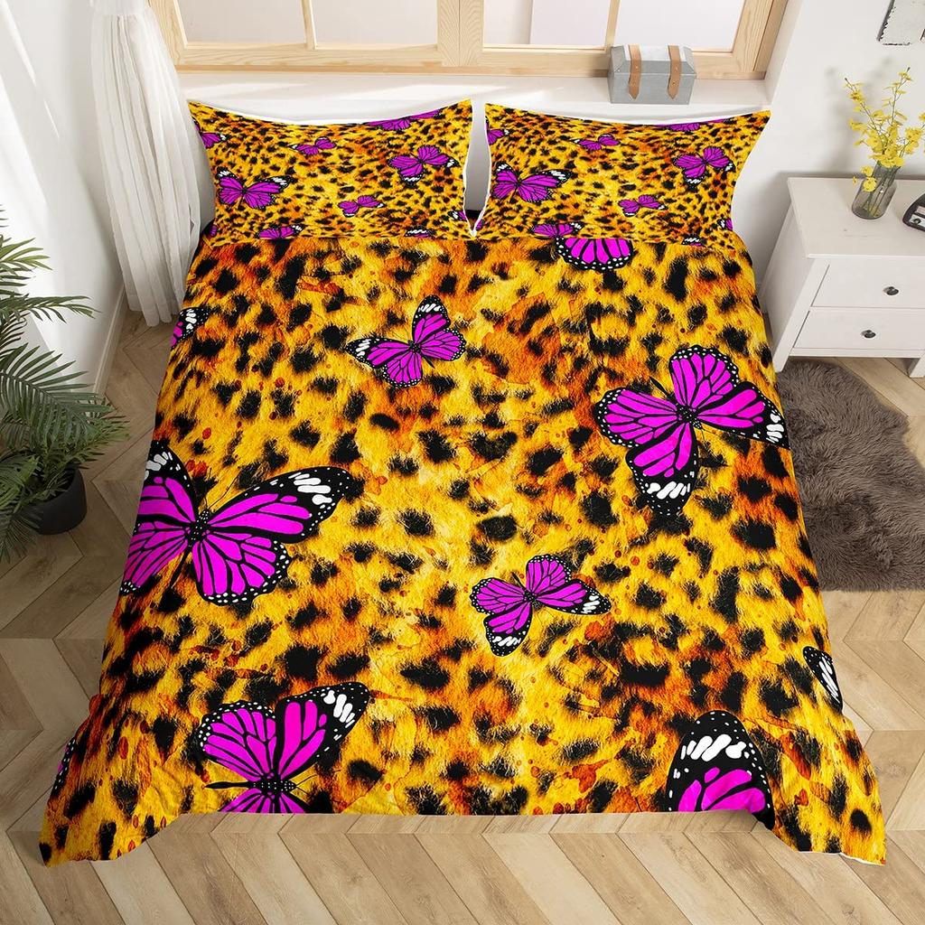 Gepardmønster King Queen Sengetøy Sett Sommerfugl Dynetrekk Dyrepels Dynetrekk Jungel Dyreliv Hud Polyester Dynetrekk