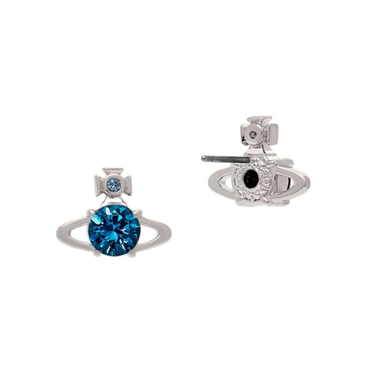 Vivienne Westwood Silver Sphere Pattern With Denim Blue Square Zirconia Brass Earrings Women Earrings 62010070-02P168-SM