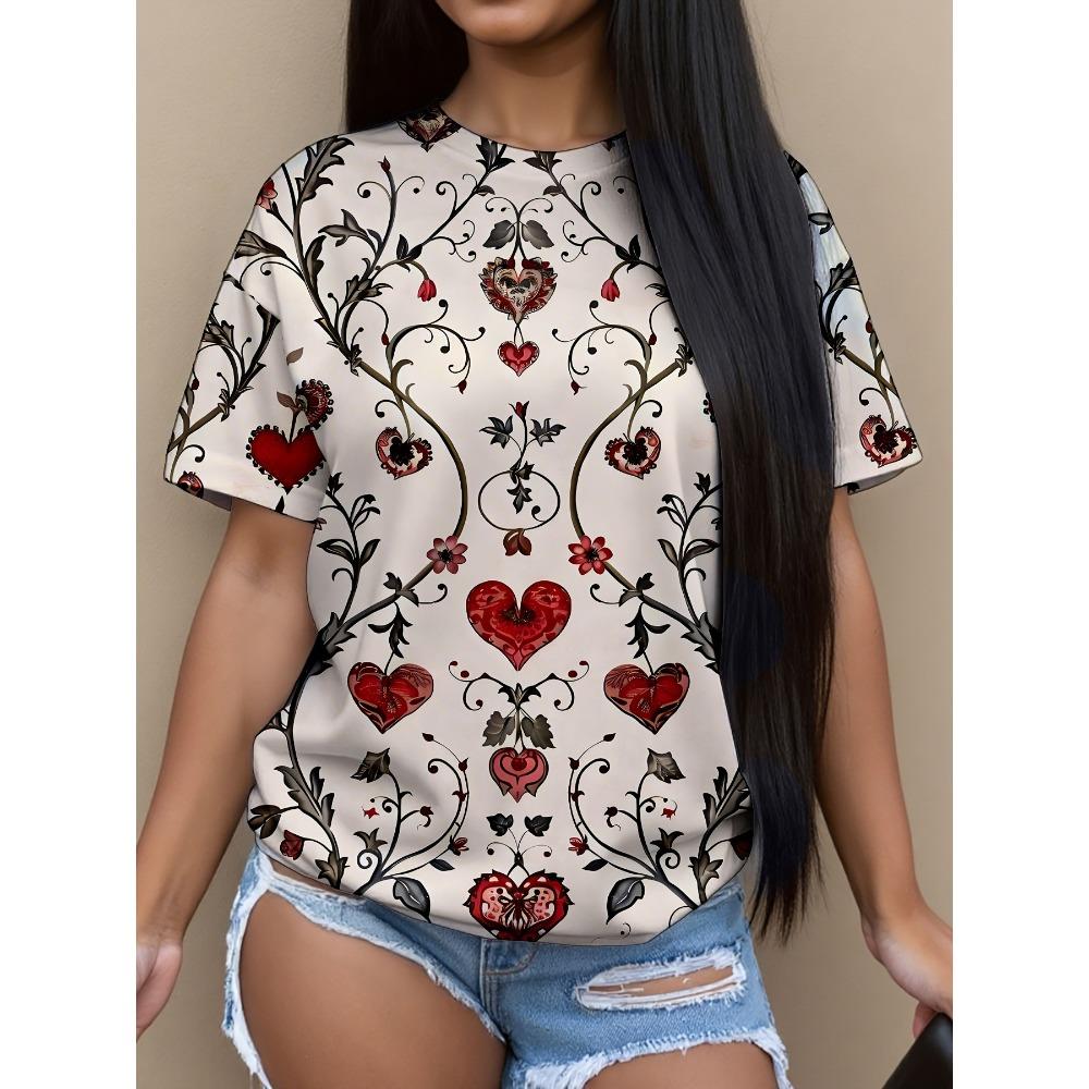 Summer New Women's Casual T-shirt Floral Print Fashion 3D Short Sleeved Round Neck Comfortable Plus Size T-shirt
