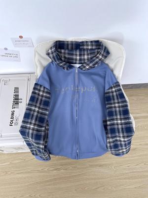 Unisex Plaid Patchwork Distressed Hooded Sweatshirt - Casual Loose Fit Autumn Streetwear Cardigan Jacket
