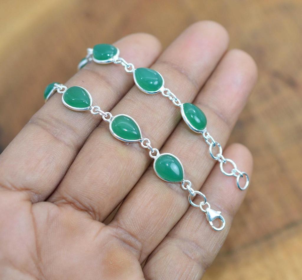 Solid 925 Sterling Silver Green Onyx Gemstone Handmade Designer Bracelet Link Bracelet