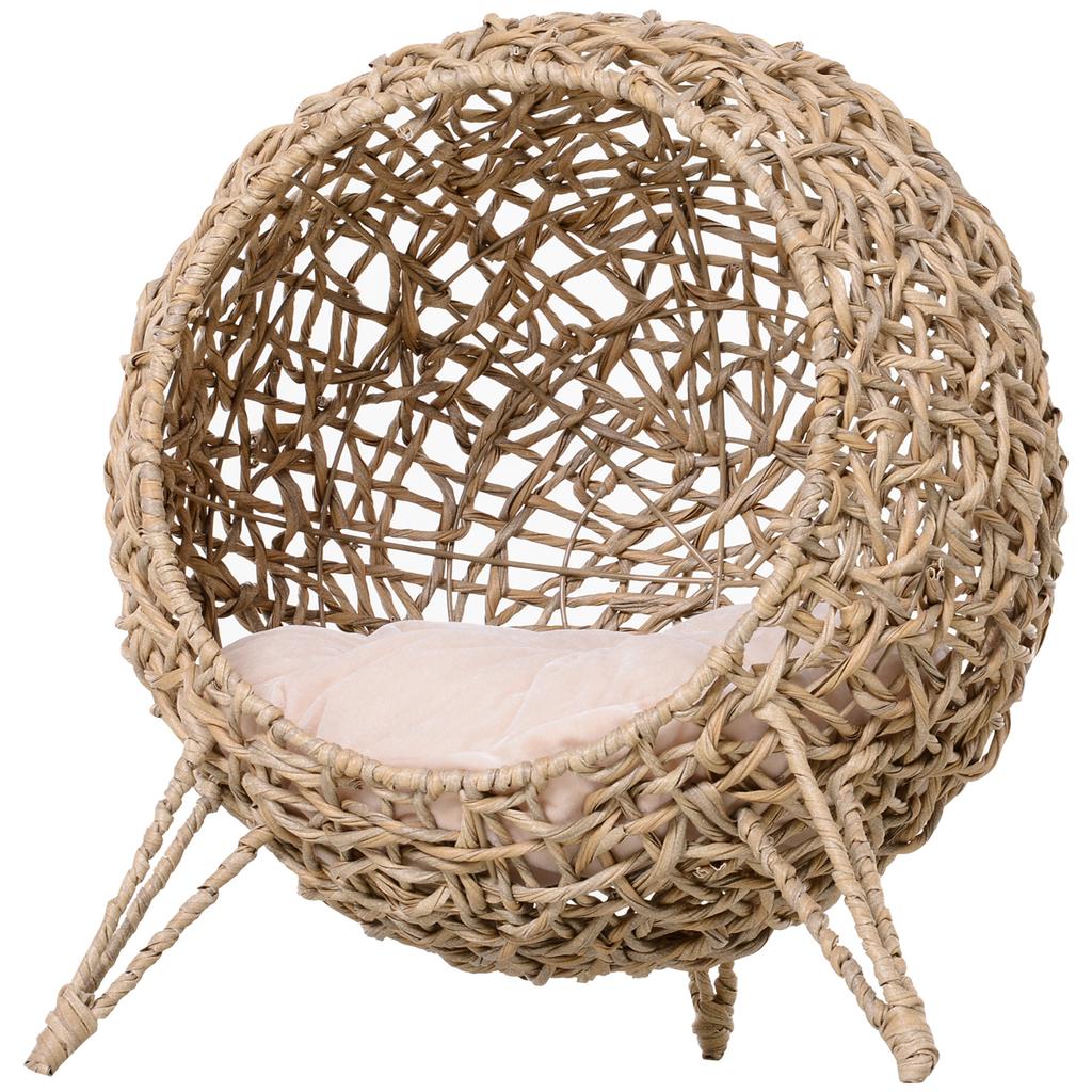 Rattan Elevated Cat Bed House Kitten Basket Ball-Shaped Pet Furniture W/ Removable Cushion - Natural