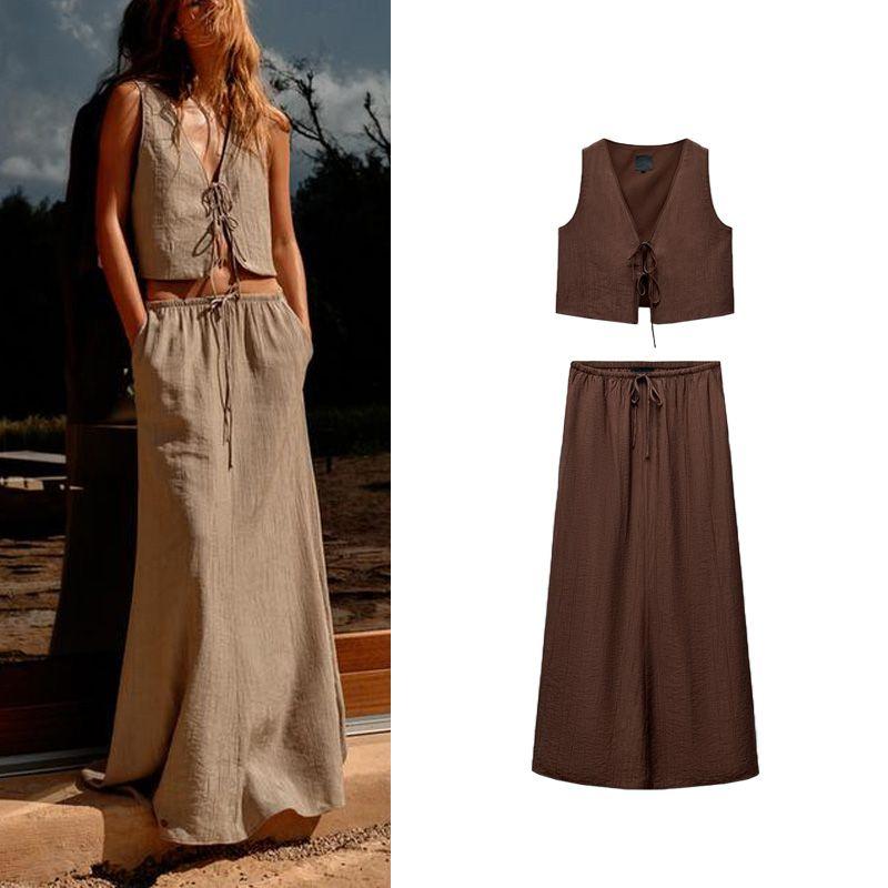 Spring New V Neck Sleeveless Bows Textured Vest Tops 8338772 Self-Tie Dress 4764409