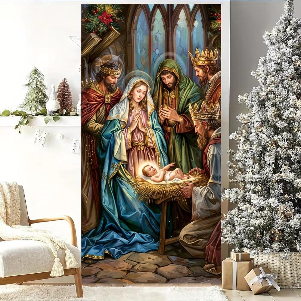 180x90cm Merry Christmas Door Banner Jesus Birth Scene Hanging Backdrop Christmas Photography Background Xmas New Year Decor