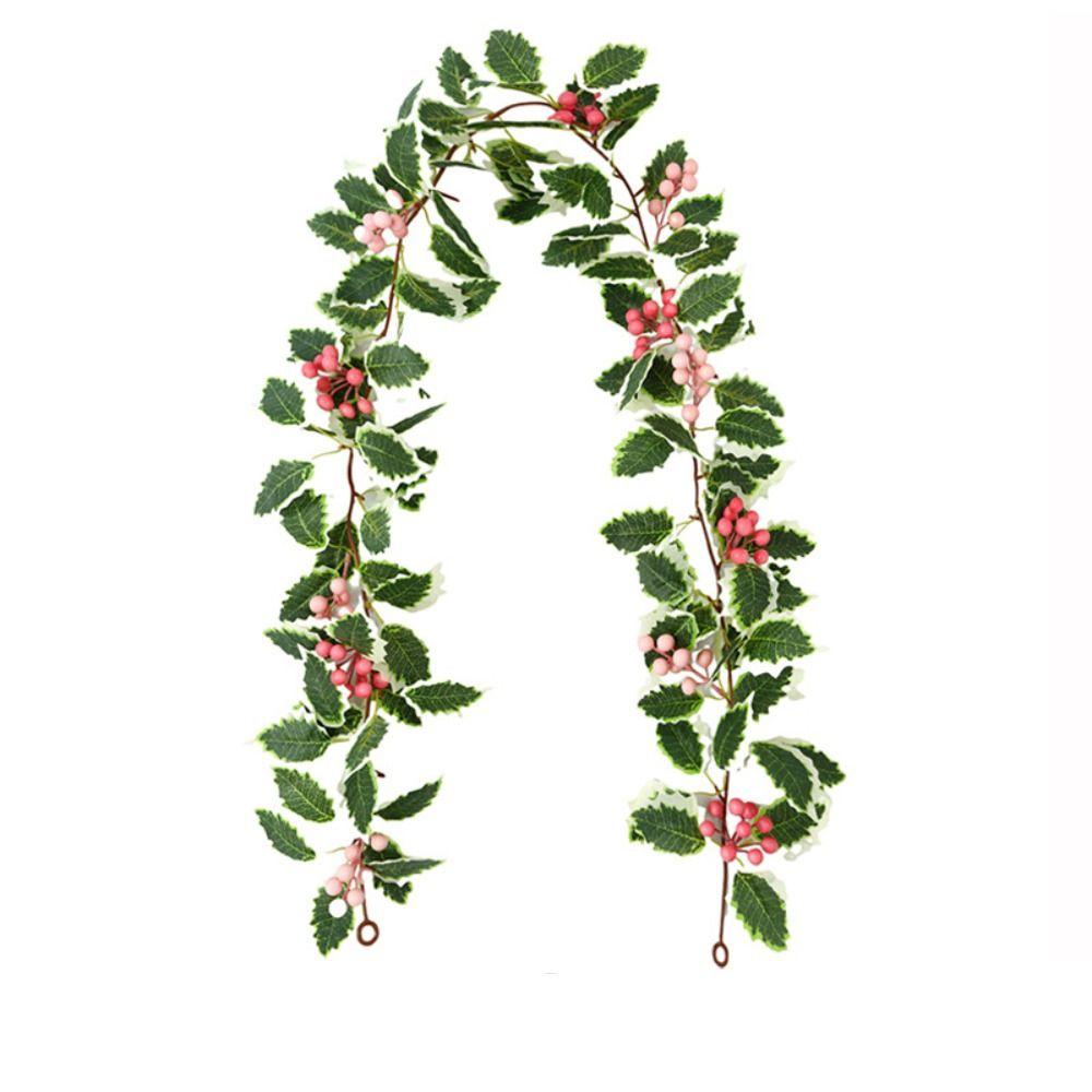 Green Leaves Christmas Pink Berries Wreath DIY Simulation Plants New Year