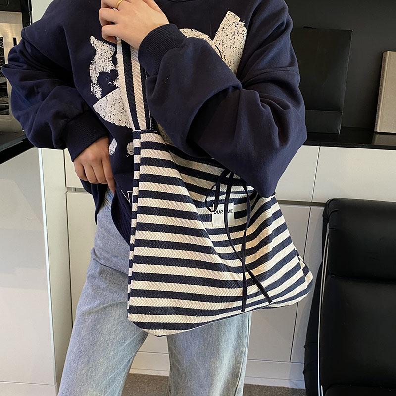 Striped canvas bag 2025 new lazy wind tote bag student large capacity casual shoulder bag women