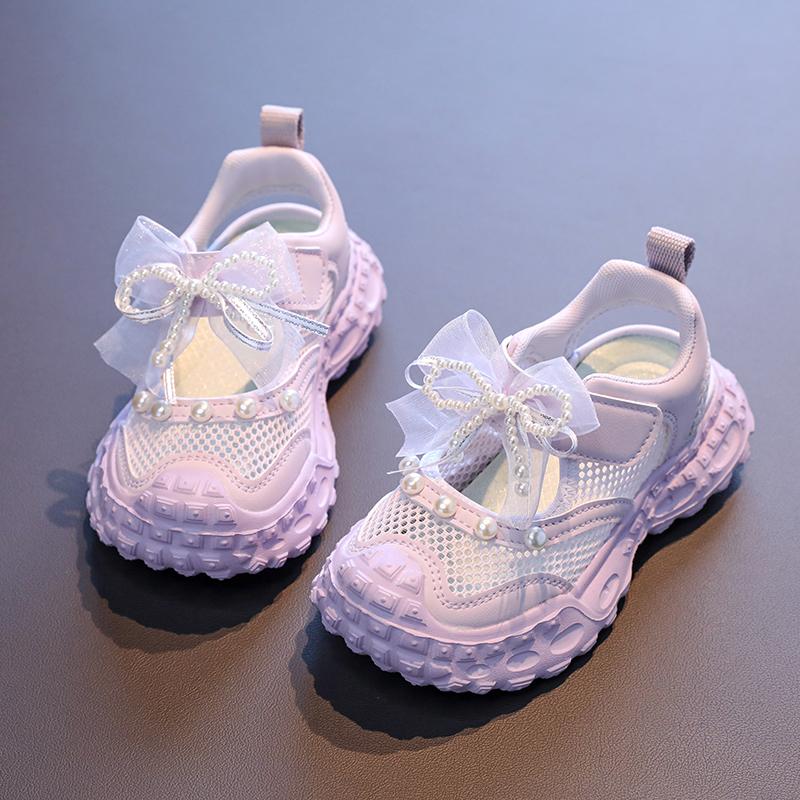 Sweet Pearl Bowknot Decoration Sneakers Girl Autumn Breathable Mesh Hollow Out Sports Shoes Soft Thick Bottom Running Shoes