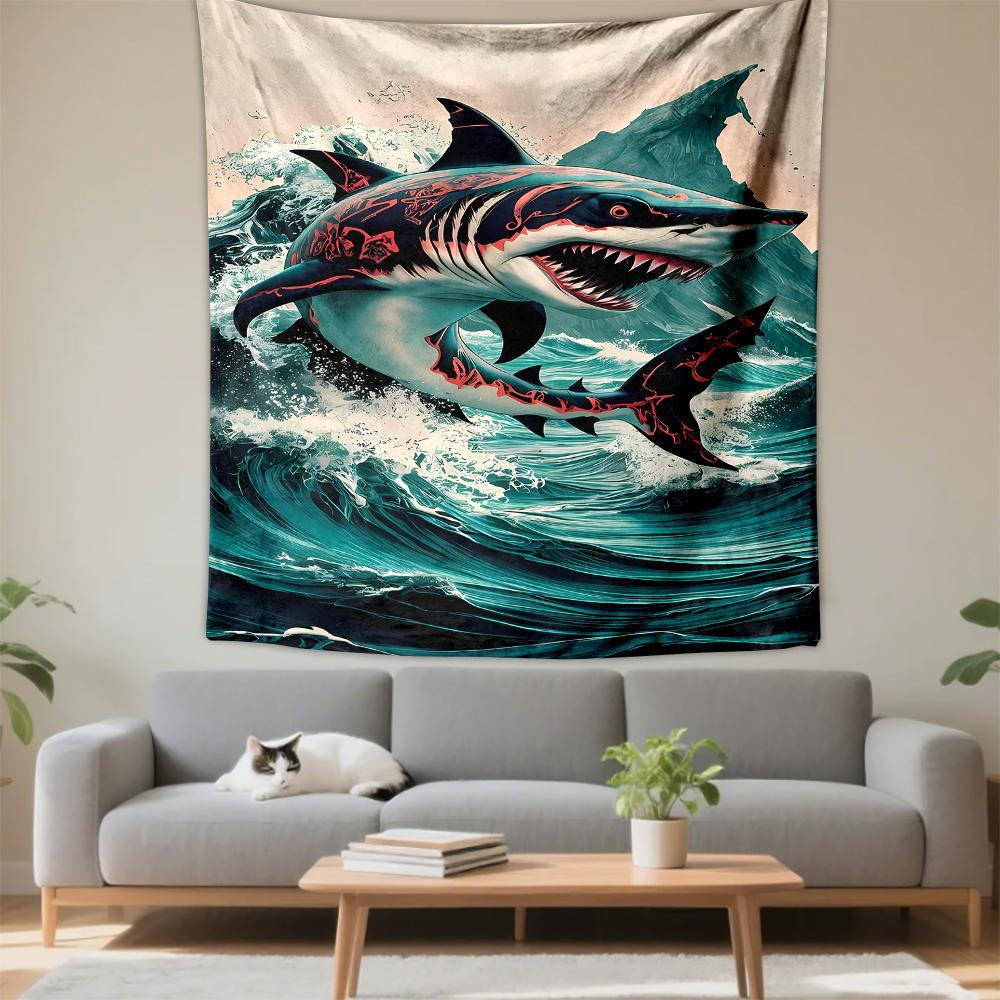 Fierce shark waves mountain tribal art aesthetic Patterned tapestry for bedroom and living room home decor sofas