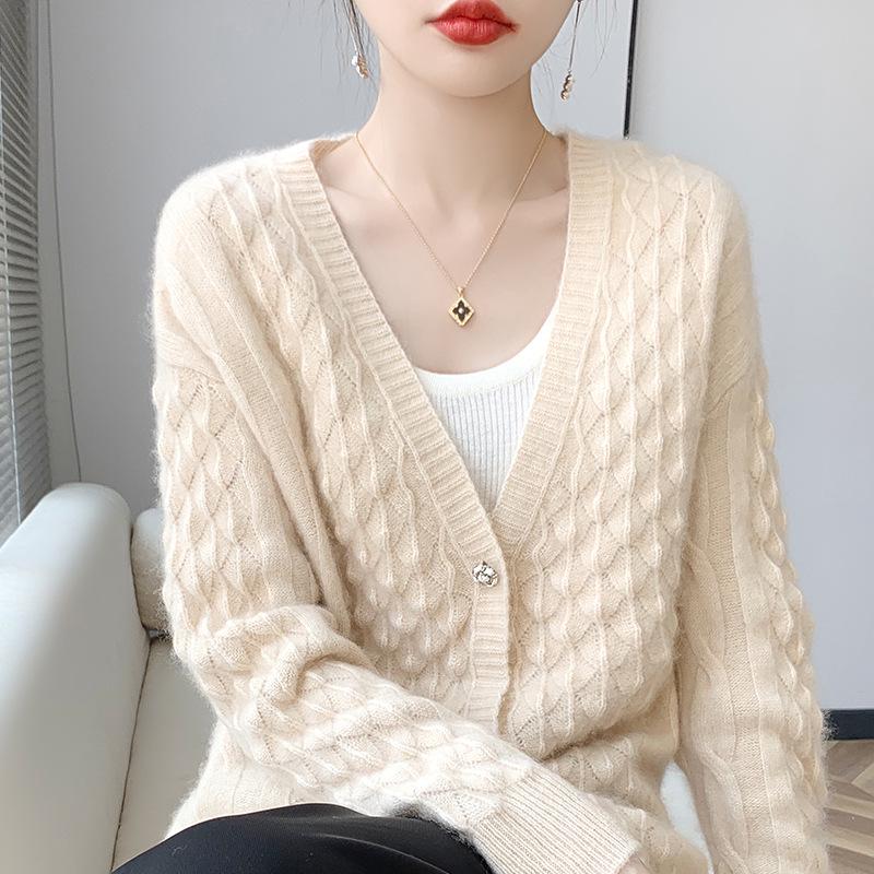 Women's 100% Pure Wool V-Neck Cardigan: Autumn/Winter Loose Knit Sweater Coat