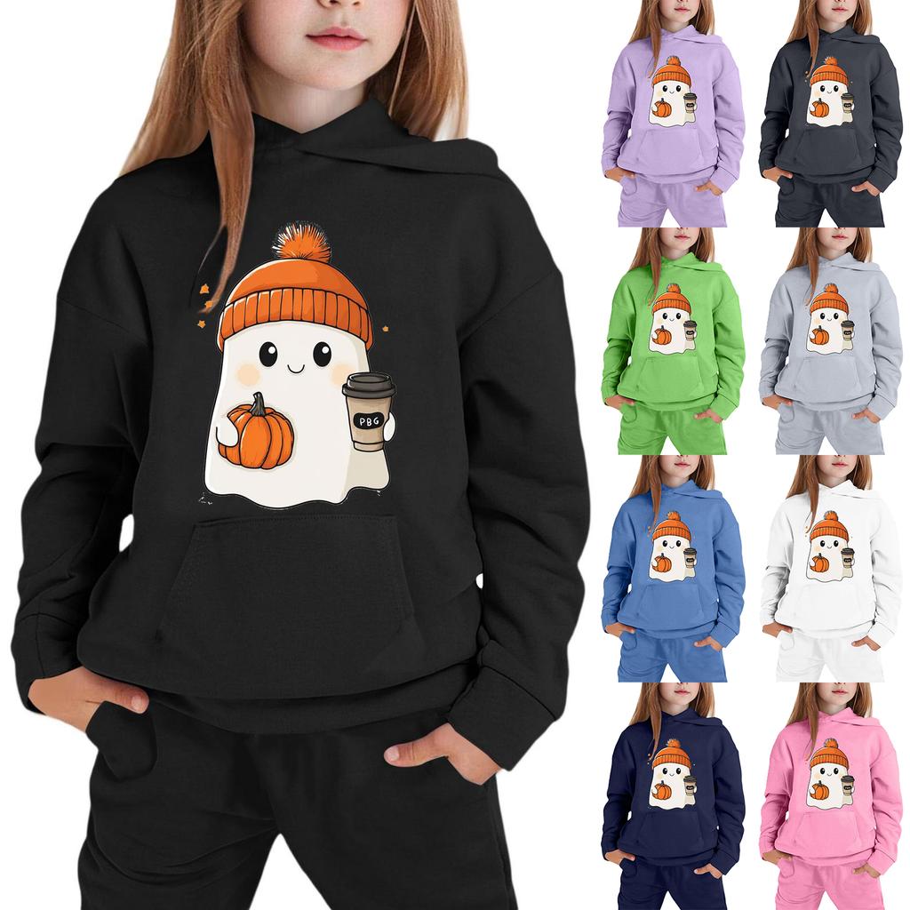 Kids Hoodie Sweatshirt Halloween Ghost Print Pullover Long Sleeve Hooded Top for Boys Girls Soft Comfortable Casual Wear