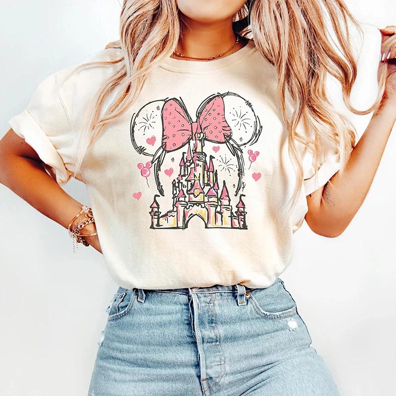 Minnie Mouse Castle Shirt Magic Kingdom Family Printed Womens Short Sleeve TShirt American Vintage Fashion Streetwear Cotton