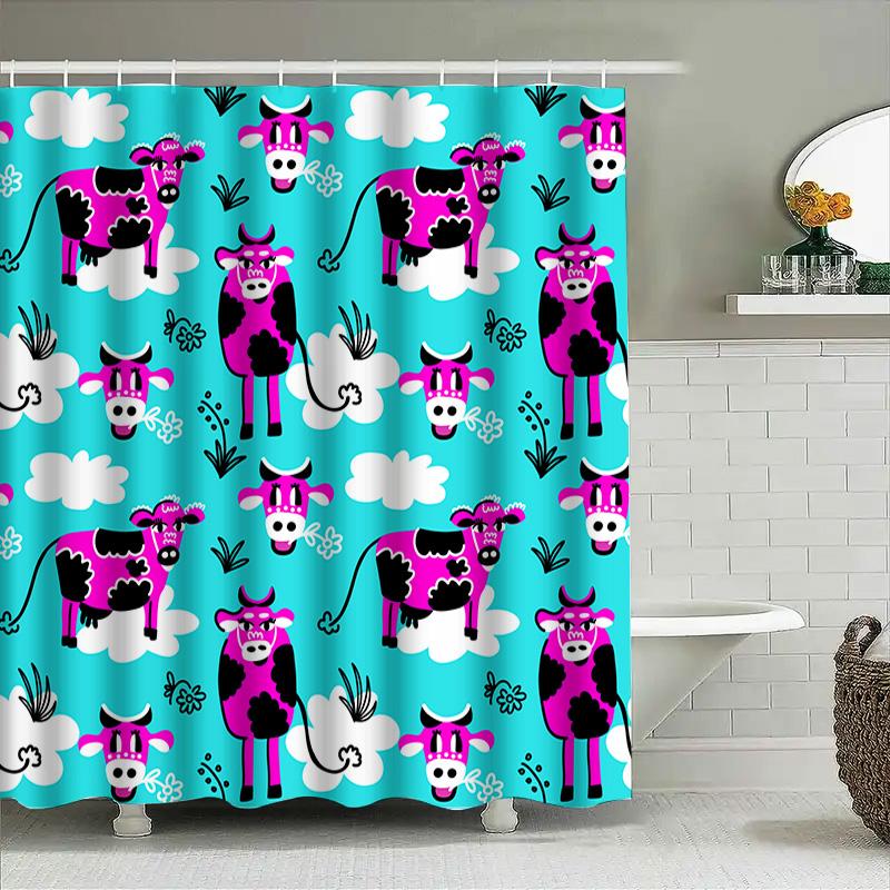 Tierprint Duschvorhang Blaue Kuhmuster Heimdekoration Badezimmerdekoration Wasserdichtes Gewebe Blumenwolken Cartoon Kinder Badezimmer