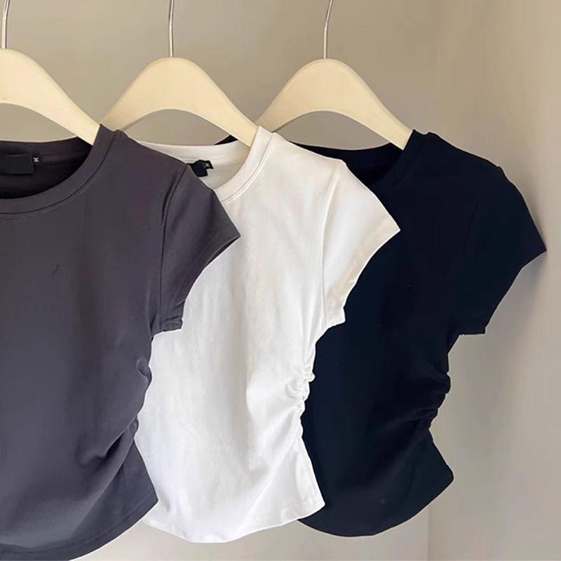 

Острая футболка женская облегающая талию: Короткий рукав, рукав-крылышко, однотонный, простой круглый вырез, летний стиль Small темно-серого