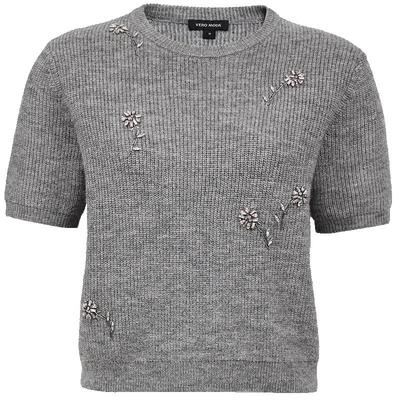 Women's Round Neck Knit Sweater with Rhinestone Embellishments