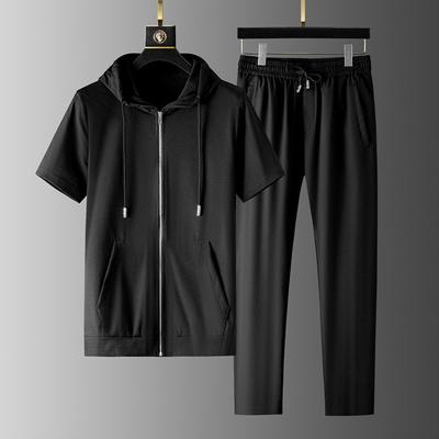 Men's Short Sleeve+sports Trousers 2-piece Loose Business Suit Lightweight Breathable Hooded Short Sleeve Suit