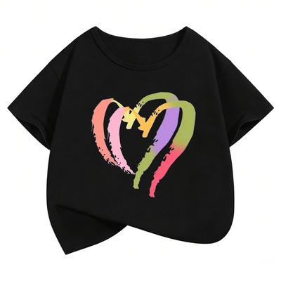 Sommer und Frühling Lässiges Oberteil, Kurzärmlig Bunt Herz Mode Rundhals Kurzarm T-Shirt für Kinder