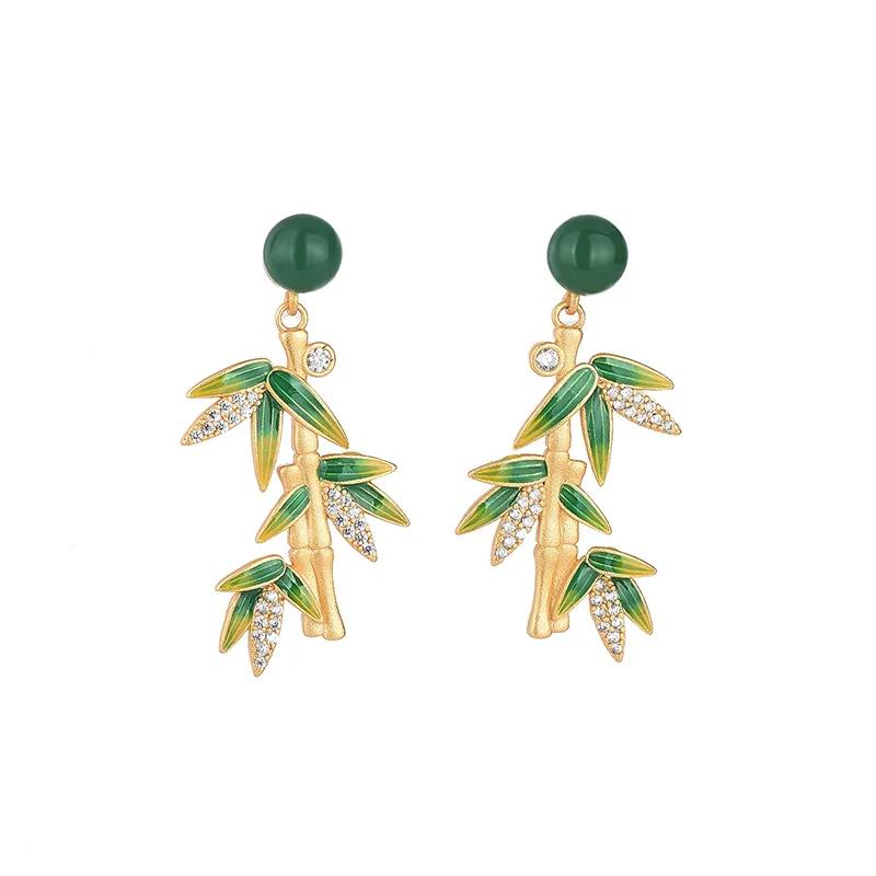 Exquisite Enamel Vintage Chinese Style Eardrop Natural Hetian Jade Green Bamboo Earrings for Women Leaves Hanfu Jewelry