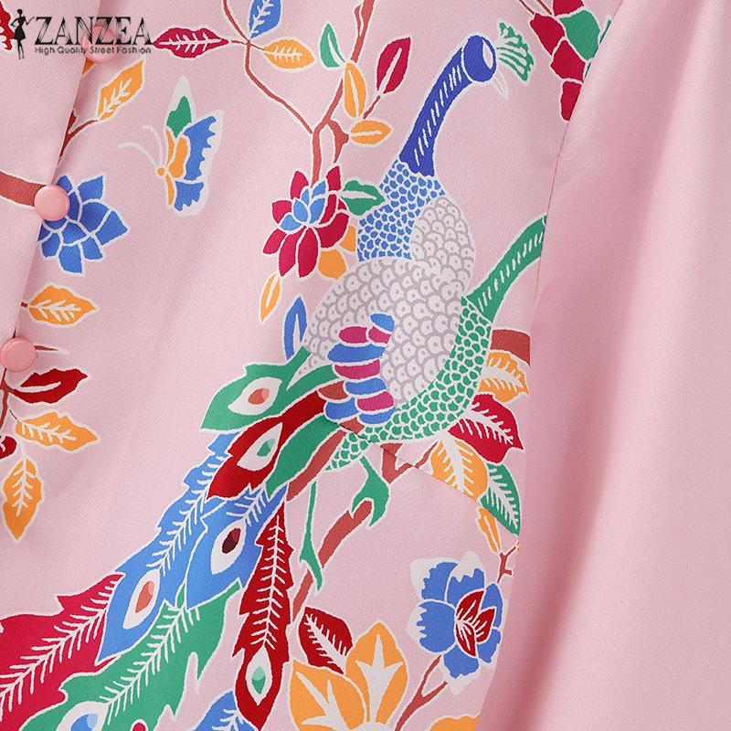 ZANZEA Women Casual Round Neck Summer 3/4 Sleeve Print Blouse