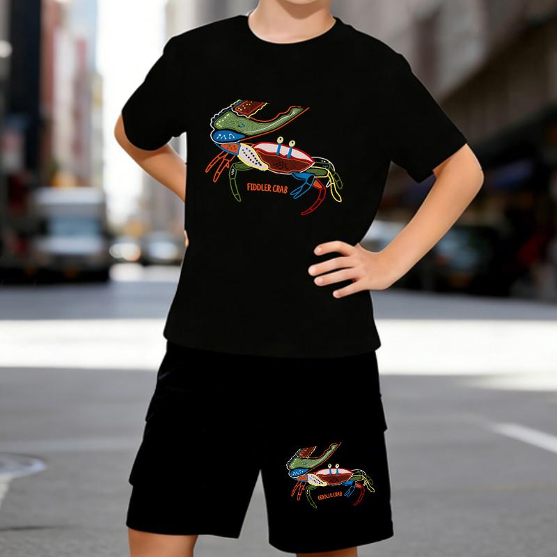 

Boys 2 Piece Fiddler Crab Themed Print outfit, Short Sleeve T-Shirt and Shorts Set for Kids Age 5-14,Black ,White Sporty Casual Summer Clothes 5-6 Years чёрный