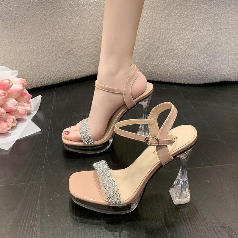 New Rhinestone Summer One-word Fashion Sandals Open-toed Sexy Transparent Belt Hate Sky High Waterproof Table High Heels