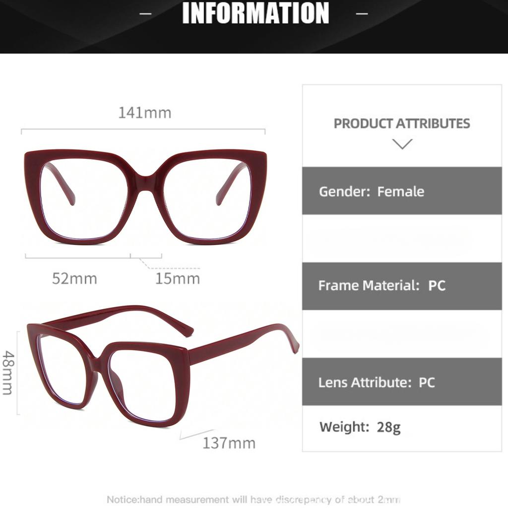 Women's Burgundy Square PC Frame Retro Flat Light Mirror for Daily Wear Simple Stylish Eyewear