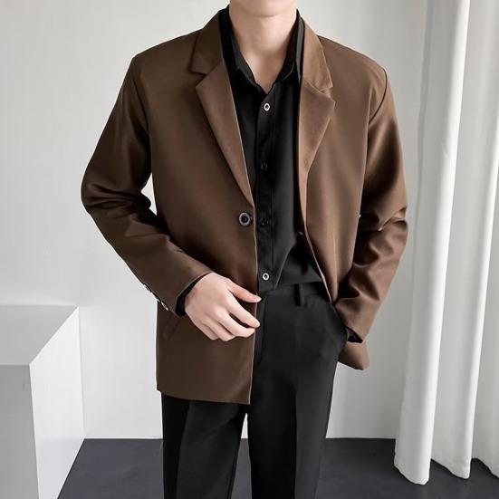 Men Blazer Solid Color Single-breasted Turndown Collar Jacket Spring Autumn Loose Suit Coat