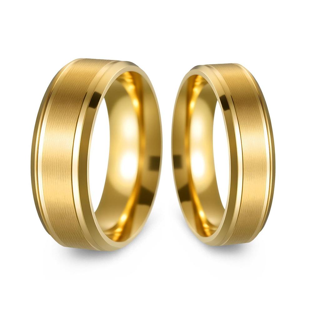 Matte Bevel Stainless Steel Couple Ring - 8/6mm Wide, 18K Gold Plated