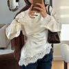 Round Neck Lace Patchwork Long Shirt Satin Slim Belted Blouse Women's Lace-up Tops Office Ladies