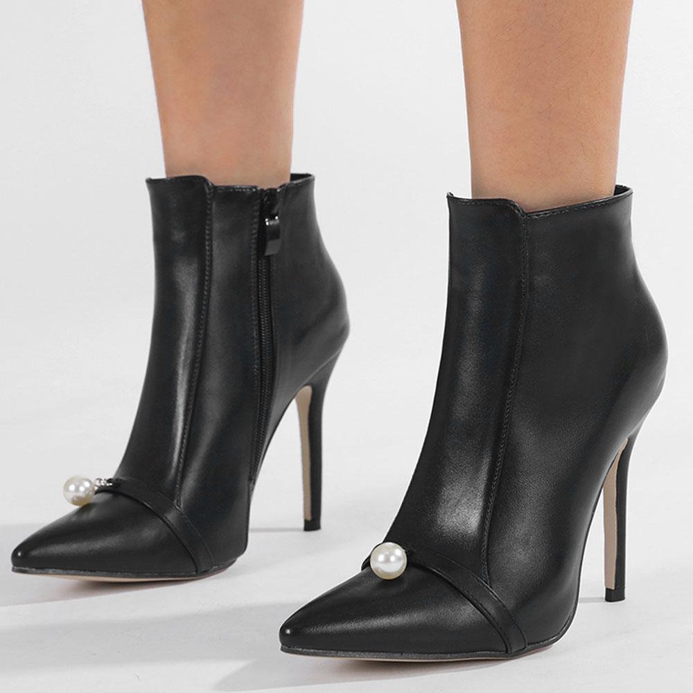 Black Pointed Toe Ankle Boots With Pearl New Zipper Thin Heels Sexy Party Wedding Women Shoes Big Size 42