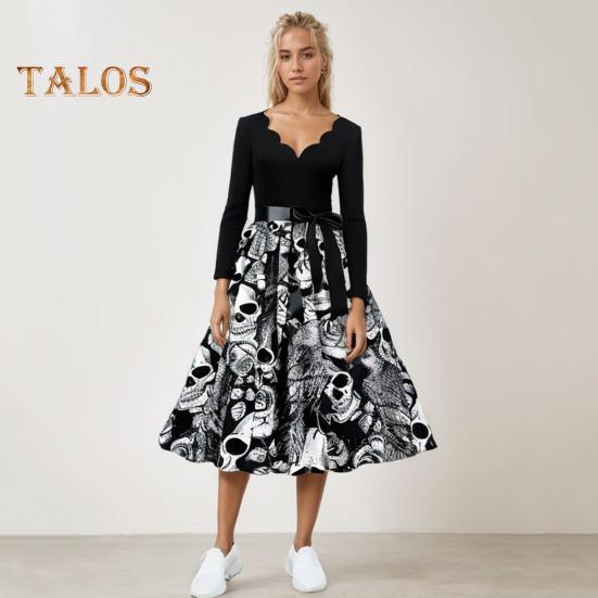 Damen Halloween Kleid A-Linie Big Swing Totenkopf Print Schnürung Schleife Gürtel Gewellter V-Ausschnitt Patchwork Plissee Lange Ärmel Party Karnevalskleid