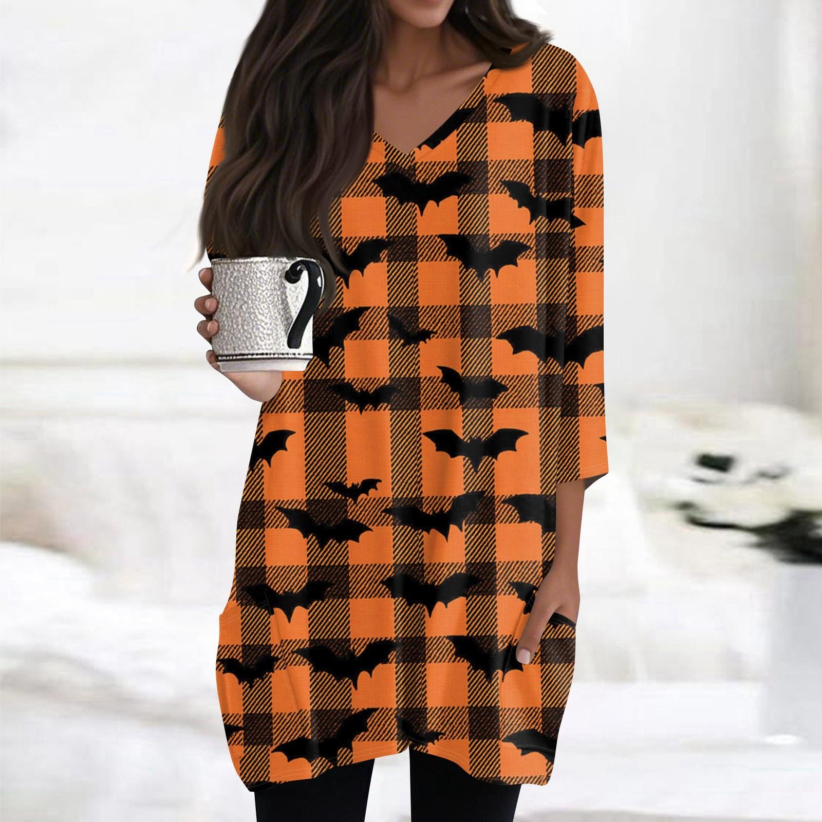 

Женская модная повседневная футболка с принтом на Хэллоуин, V-образным вырезом, средней длины, с карманом, рукавом 3/4 S шафрановый