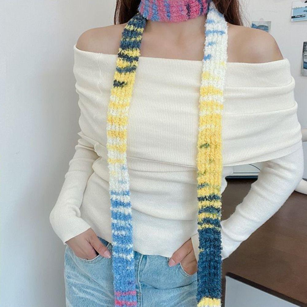 Rainbow Color Long Narrow Scarves Harajuku Style Striped Knitted Shawl Retro Y2K Scarf  Ladies